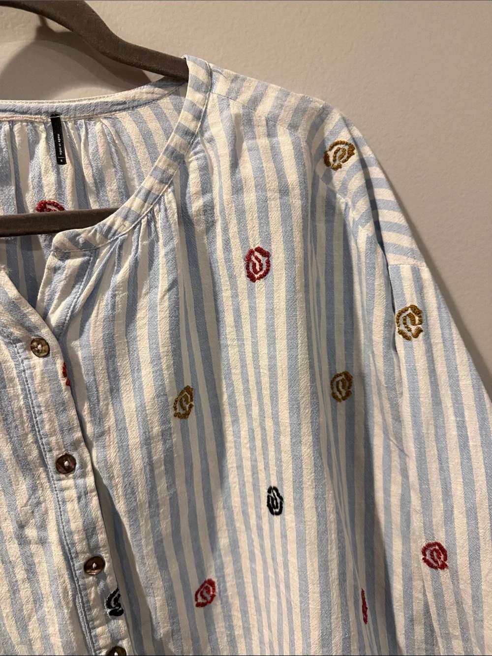 Anthropology Light Blue and White Striped Embroidered Button-Front Blouse